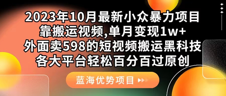 外面卖598的10月最新短视频搬运黑科技，各大平台百分百过原创，靠搬运月入1w+