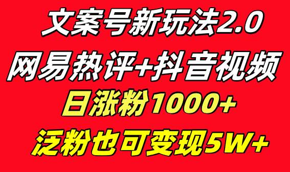 文案号新玩法，网易热评+抖音文案，一天涨粉1000+多种变现模式，泛粉也可变现5w+