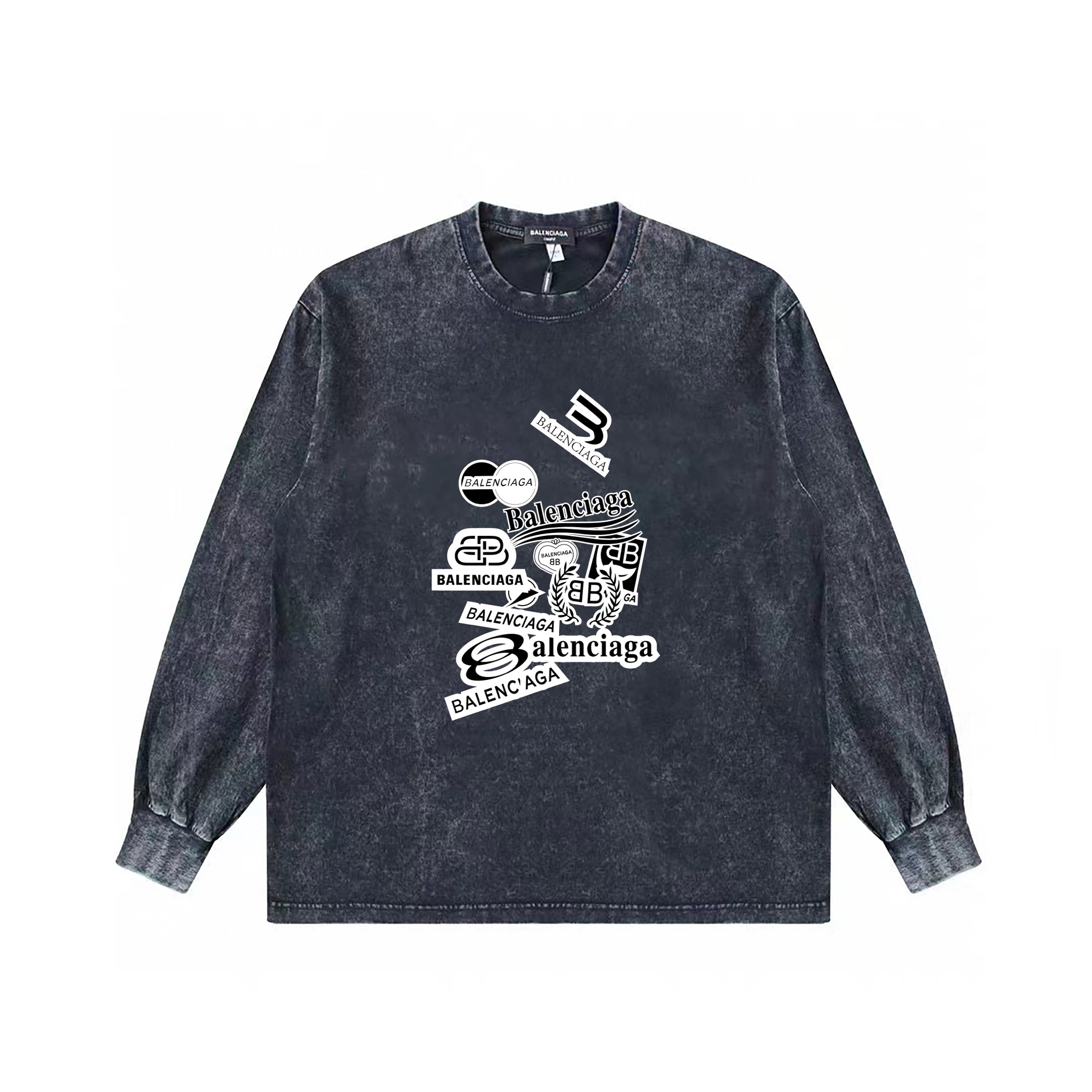 (顶级版本)巴黎世家Balenciaga经典logo定款水洗长袖 重工草洗+康利数码印花+款式无敌好看 ..硬挺轮廓版型 上身有型 整体很显气质 ，单穿  叠穿 内搭外穿  都完美单品 面料采用260克棉颜色:水洗黑尺码: S M L XL