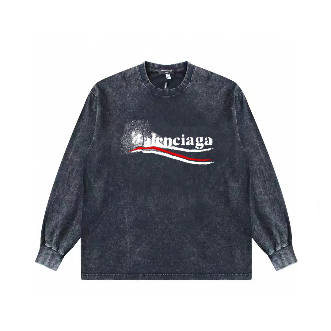 (顶级版本)巴黎世家Balenciaga经典logo定款水洗长袖 重工草洗+康利数码印花+款式无敌好看 ..硬挺轮廓版型 上身有型 整体很显气质 ，单穿  叠穿 内搭外穿  都完美单品 面料采用260克棉颜色:水洗黑尺码: S M L XL