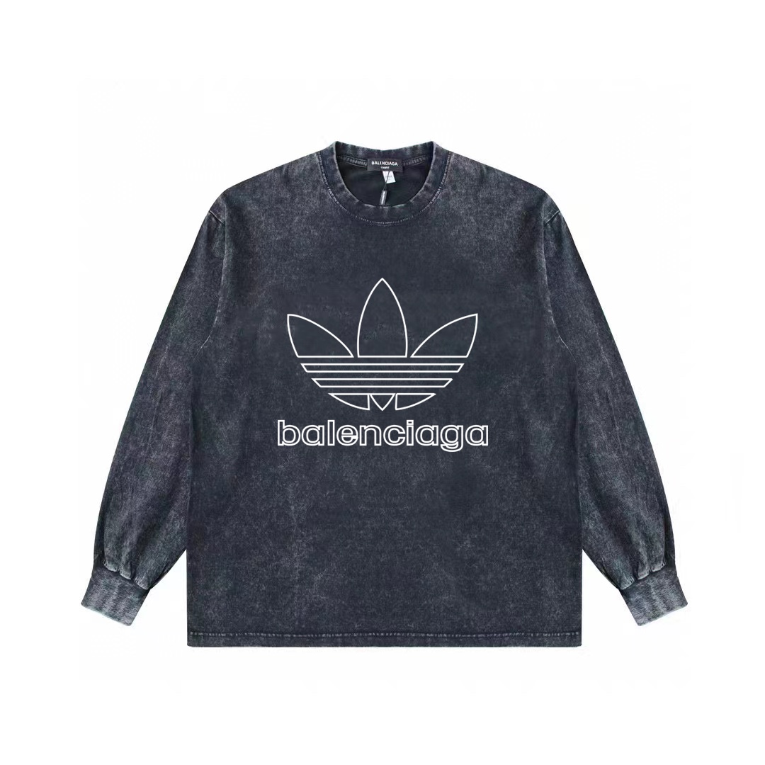 (顶级版本)巴黎世家Balenciaga经典logo定款水洗长袖 重工草洗+康利数码印花+款式无敌好看 ..硬挺轮廓版型 上身有型 整体很显气质 ，单穿  叠穿 内搭外穿  都完美单品 面料采用2克棉颜色:水洗黑尺码: S M L XL