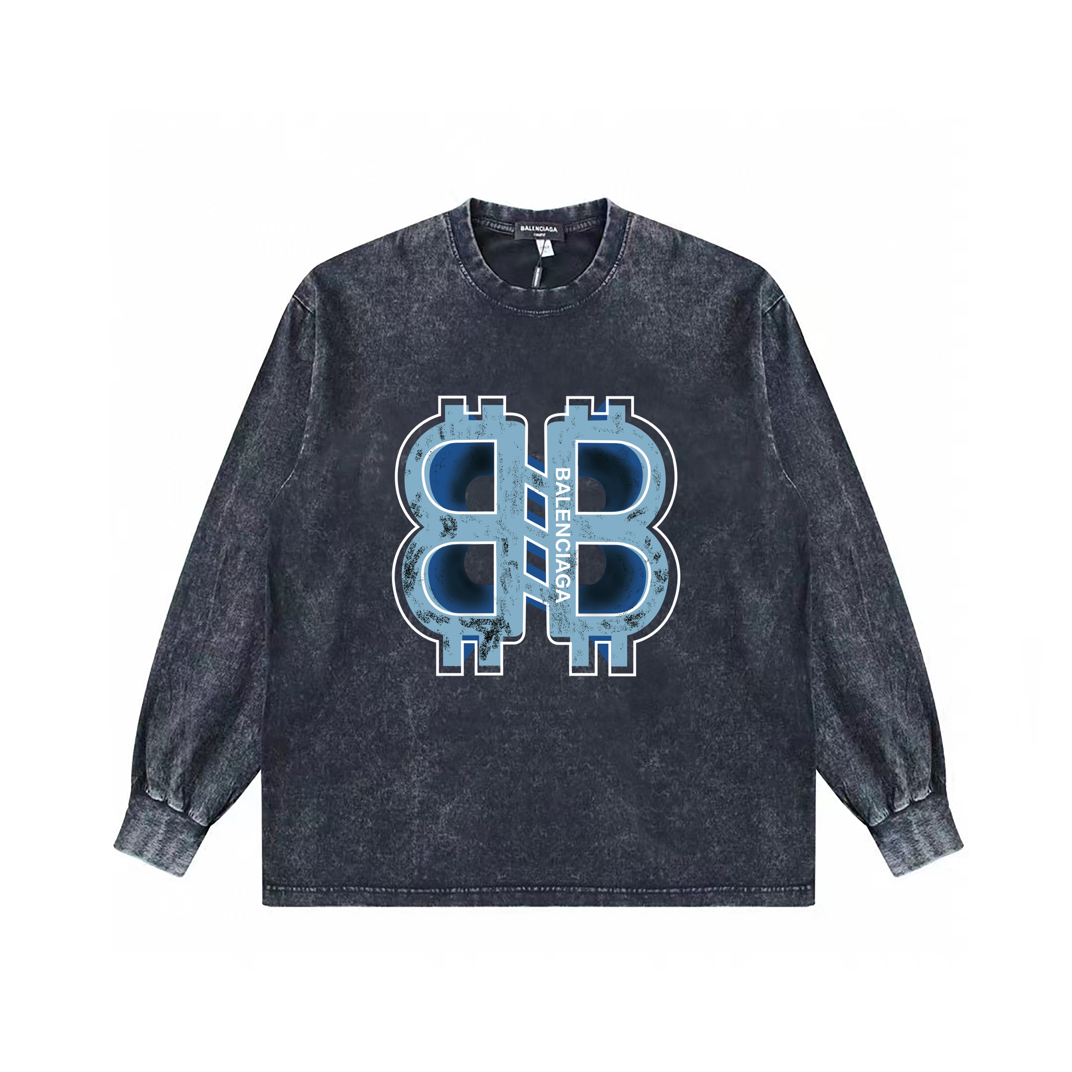 (顶级版本)巴黎世家Balenciaga经典logo定款水洗长袖 重工草洗+康利数码印花+款式无敌好看 ..硬挺轮廓版型 上身有型 整体很显气质 ，单穿  叠穿 内搭外穿  都完美单品 面料采用260克棉颜色:水洗黑尺码: S M L XL