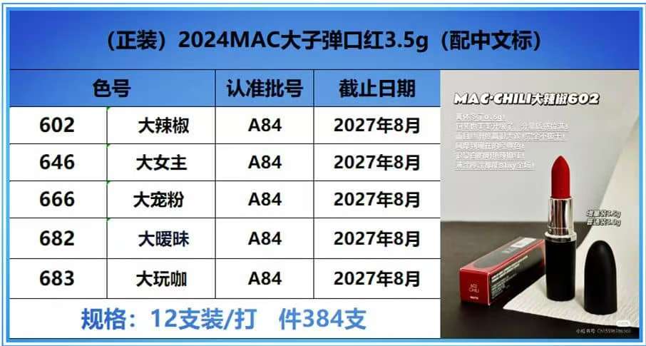 ￥14，12起12。MAC大子弹口红3.5g，现货五色：602号，646号，666号，682号，683号件384   认准批号：A84