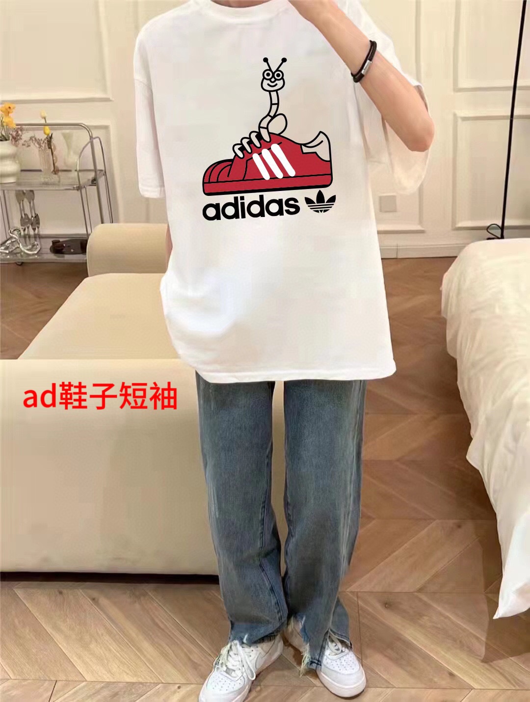 ad鞋子短袖莆田品质短袖]纯棉面料-原标吊牌,adidas阿迪达斯三叶草联名美国街头潮牌小虫子限定款情侣短袖男女同款 情侣款 申州公司客供双纱柔棉面料 亲肤宜人