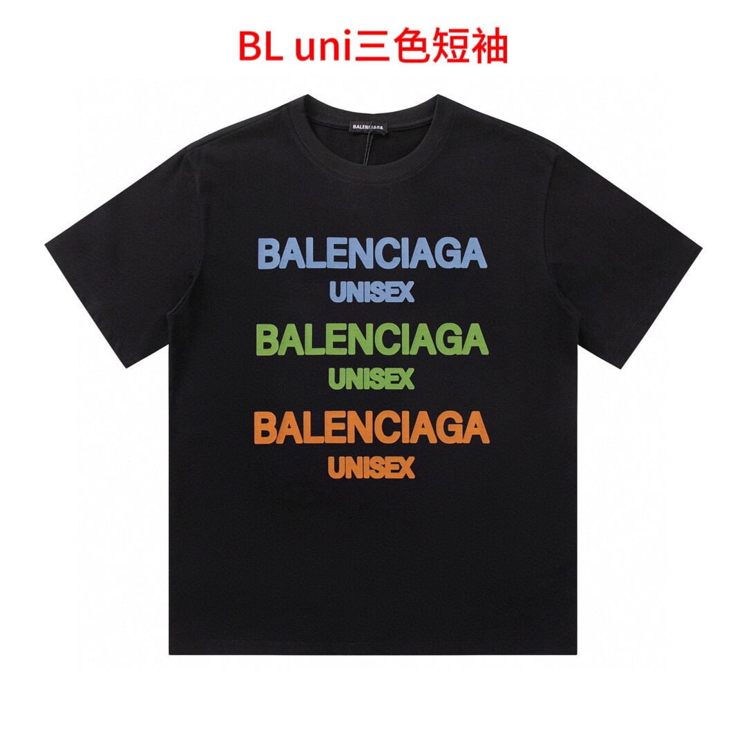 BL uni三色短袖Balenciaga/巴黎世家字母图案印花短袖T恤面料舒适透气，潮范大气 印花一比一复刻，面料采用纯棉精梳棉面料，搭配运动鞋清新舒适 逛街约会都适