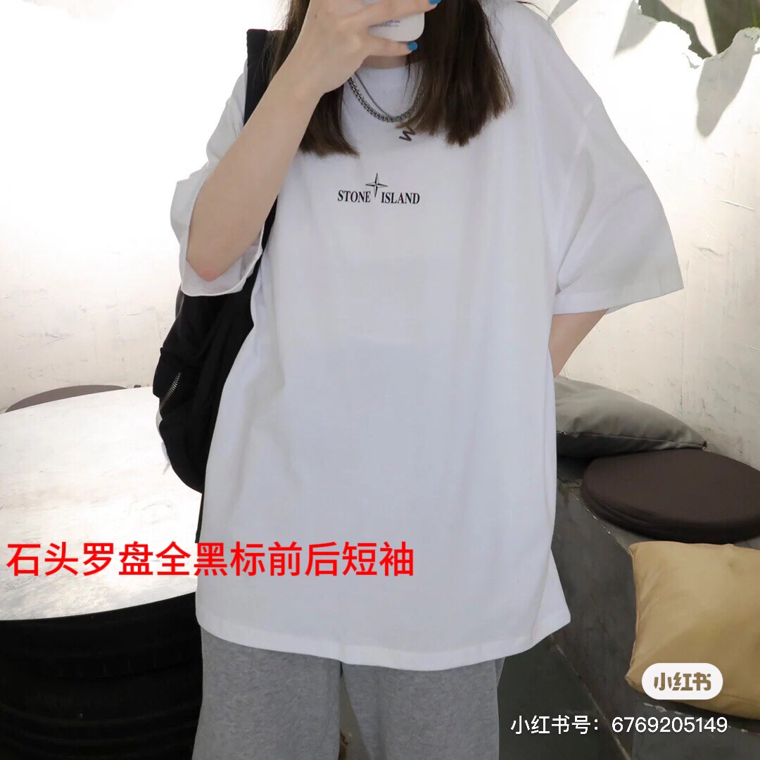 石头罗盘全黑标前后短袖Stone lsland 石头岛背后罗盘大徽标logo 印花短袖男女宽松休闲T恤，工装风情侣短袖T恤，无性别随意搭配，纯棉打造，舒适透气，穿上它给人感觉酷酷的，个性十足超级百搭好看的一款颜色：白尺码：M-4xl