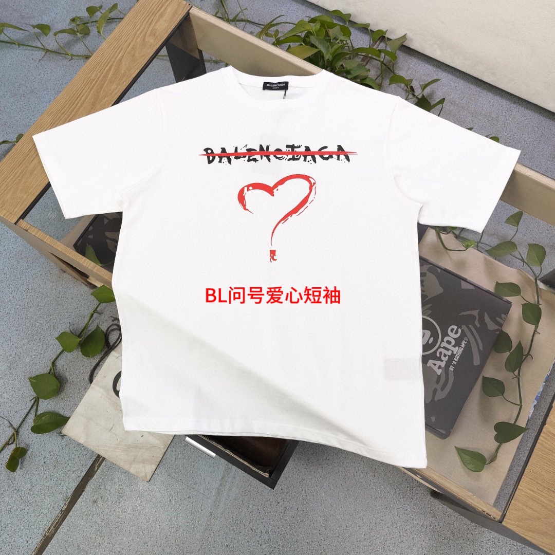 BL问号爱心短袖输新疆棉200克 七天无理由退换 支持文化服 班服 活动图案定制2024春夏新款Balenciaga巴黎世家红色爱心图案logo印花休闲情侣宽松短袖T恤，Ov