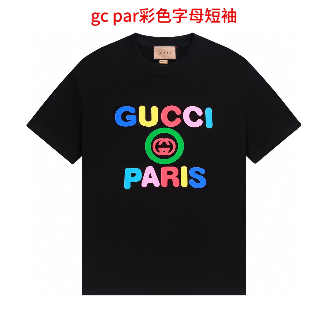 gc par彩色字母短袖古驰Gucci专柜彩色字母新款短袖高品质纯棉T恤男女同款宽松版型休闲百搭奢潮时尚上衣颜色：杏色 黑色码数如下