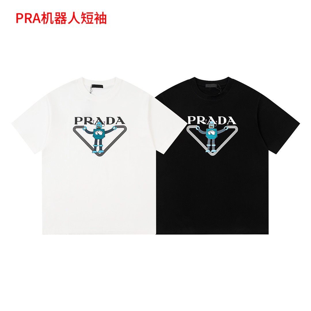 PRA机器人短袖PRADA 普拉达  23ss前图案印花△三角标短袖T恤定制200克同缸染面料  手感非常舒服  春夏最新砖柜同步 OS落肩版型 时尚又个性  超级百搭好看的一款                男女都非常合适  人手必备款 颜色：黑白 尺码：M-4xl