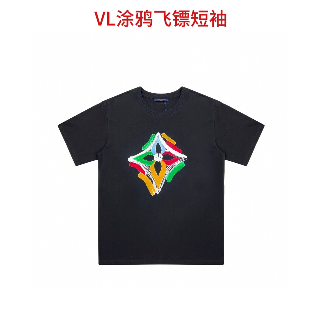 VL涂鸦飞镖短袖Louis Vuitton LV 2023ss新款手绘涂鸦飞镖字母logo情侣短袖-100%全棉双纱 - 多色手绘涂鸦 简约时尚 - 定制 32支 2x2螺纹 上身立体有型颜色:黑色  白色