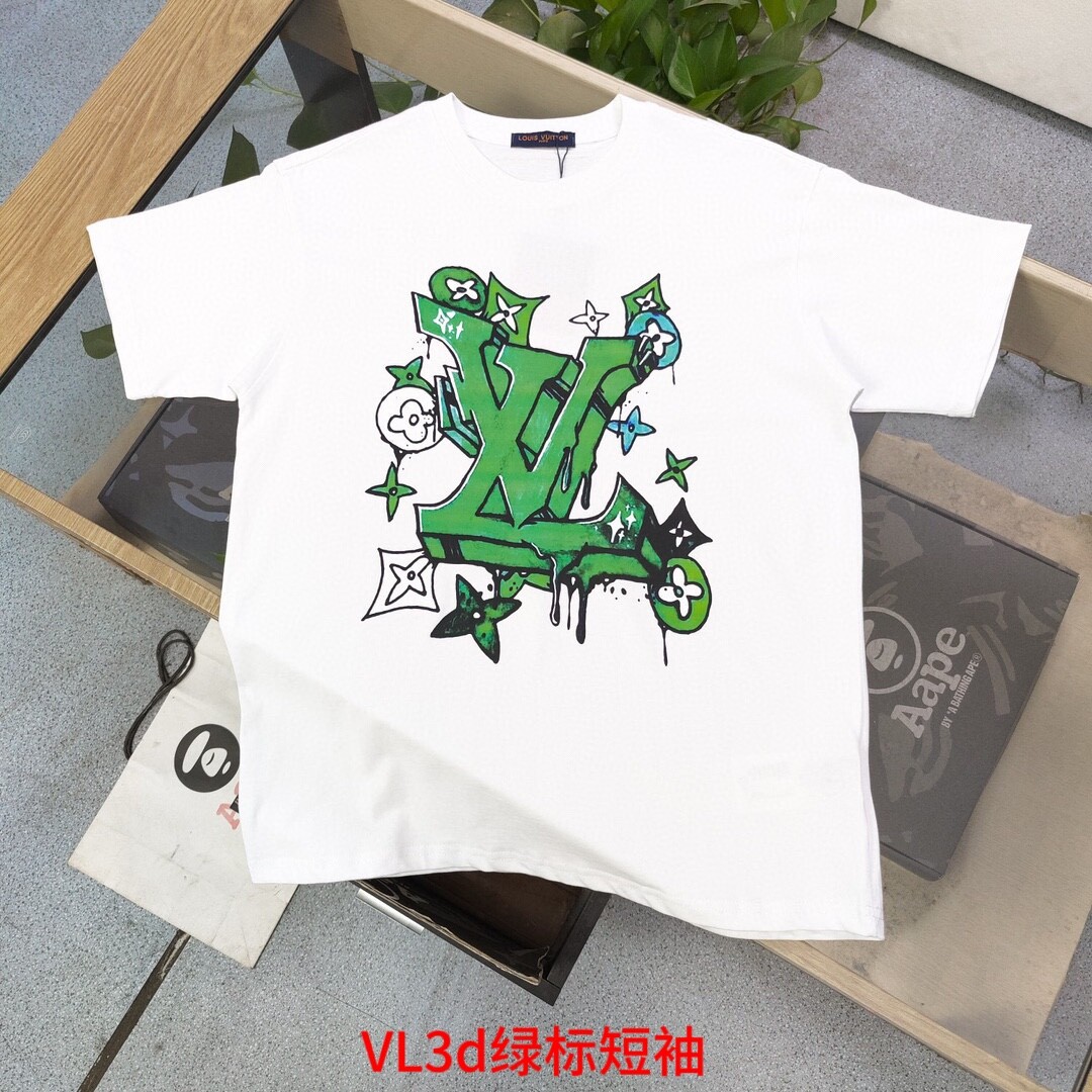 VL3d绿标短袖国风锦鲤短袖）主推简单百搭款,时髦又高级2023新款Louis Vuitton路易威登LV立体3D字母logo图案字母印花休闲情侣宽松短袖T恤，独一无二的活性环
