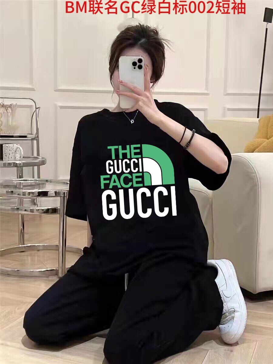 BM联名GC绿白标002短袖全新一代最强联名北面THE NORTH FACE古驰GUCCI复古时尚达人同款情侣短袖男女同款 情侣款 申州公司客供双纱柔棉面料 亲肤宜人 透气舒适