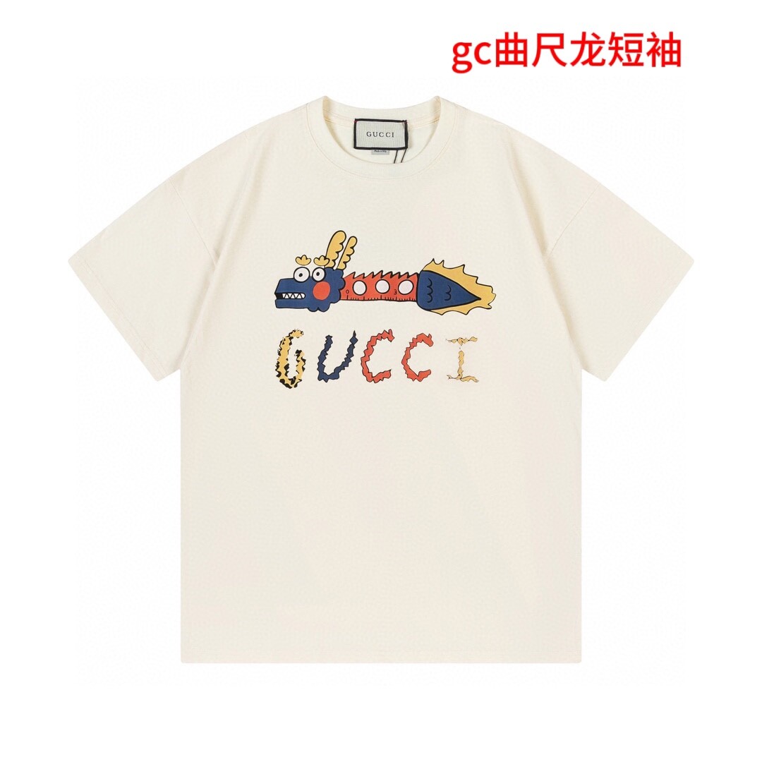 gc曲尺龙短袖 GICCI古家 2024新款 定制200克双纱纯棉面料 数码喷印变异龙字母logo 男女同款 短袖t恤颜色：黑/杏码数：M-4xl