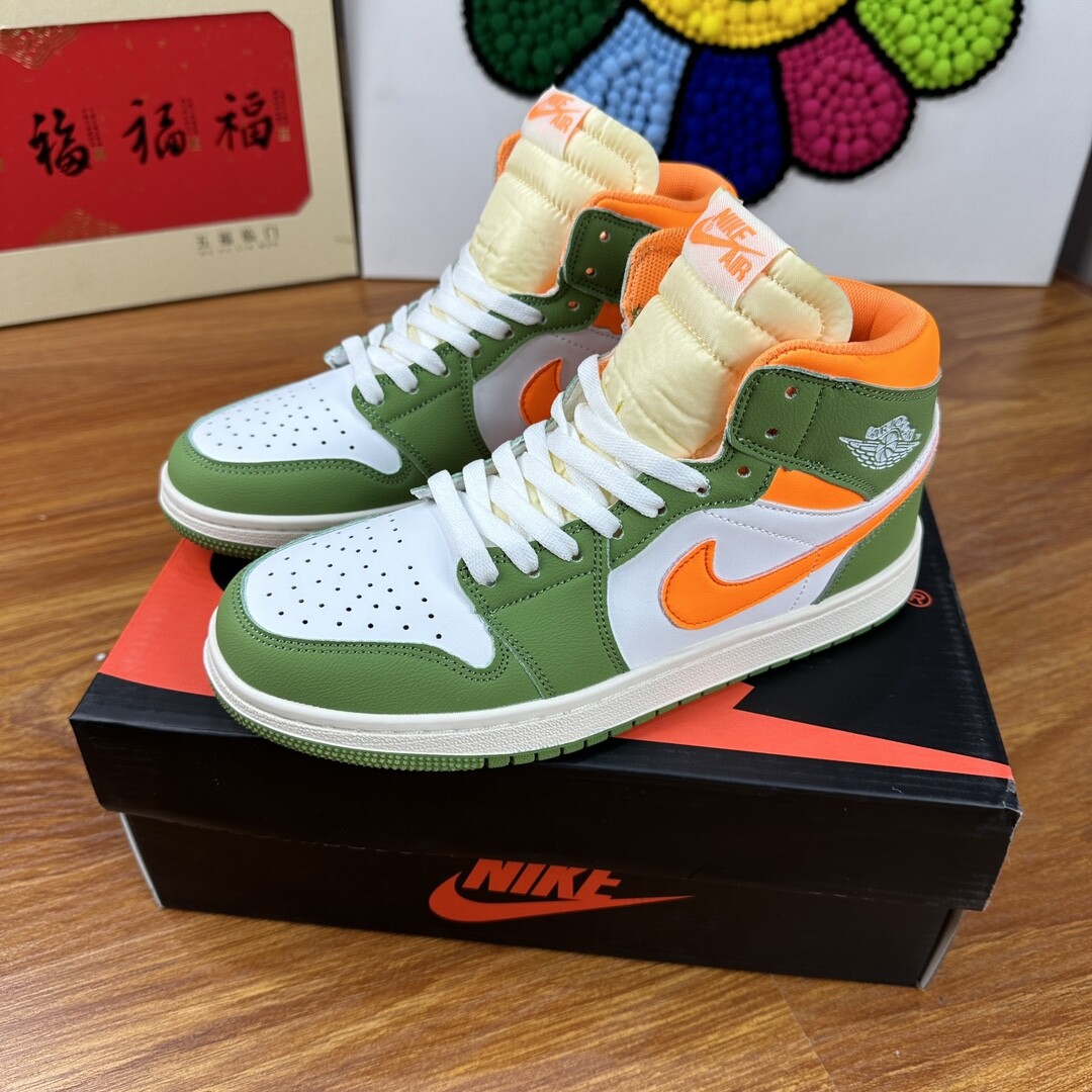  高版本 AJ Jordan Air Jordan 1 Low 耐磨防滑 高帮 绿橘色 复古板鞋 36-44