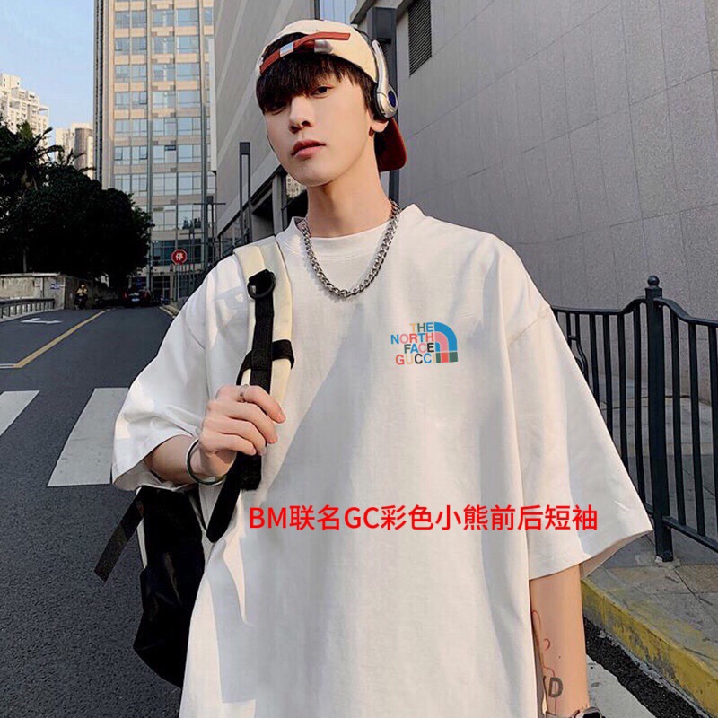 BM联名GC彩色小熊前后短袖古驰Gucci北面 The North face联名彩色小熊印花宽松百搭情侣款短袖男女同款 情侣款 申州公司客供双纱柔棉面料 亲肤宜人 透气舒适 进