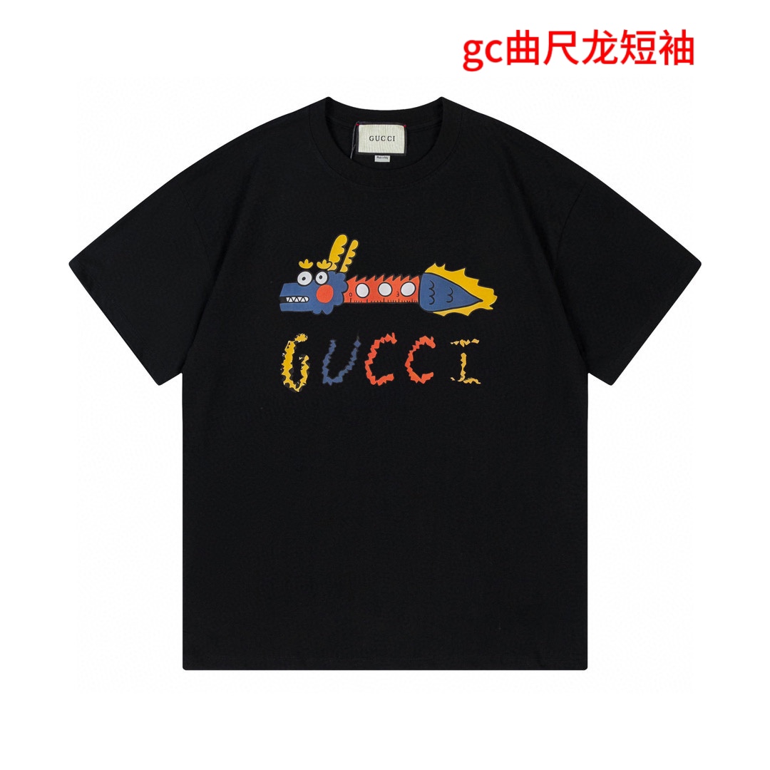 gc曲尺龙短袖GICCI 古家 2024新款 定制200g双纱纯棉面料 数码喷印变异龙字母logo 男女同款 短袖t恤颜色：黑/杏尺码：m-4xl