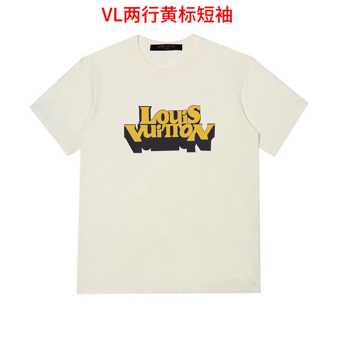 VL两行黄标短袖LV路易威登2023新款字母印花短袖T恤 原版面料高版本高品质  32支200G面料  彩色字母印花工艺 手感非常舒服 超级百搭好看的一款短袖 三标齐全 男女同款 颜色：黑色 白色 米色 炭灰色尺码：M-4xl