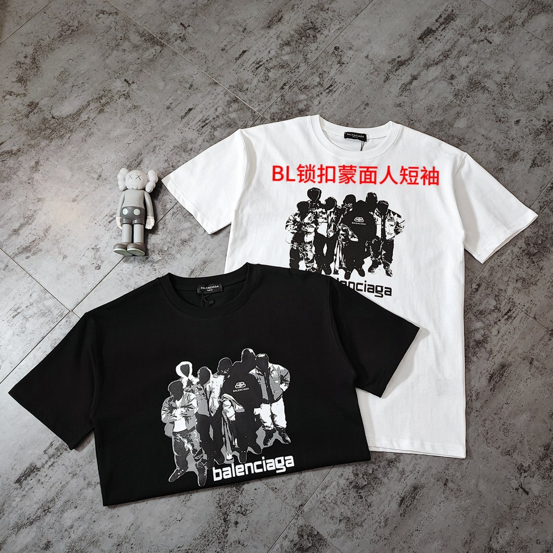 BL锁扣蒙面人短袖巴黎世家 2023春夏新款经典人像印花短袖体恤 定制200克纯棉面料！进口数码直喷印花！正确版本 男女同款 超级显眼 超级好看 超级大气！ 颜色：黑色 白色 尺码:     M～4xl