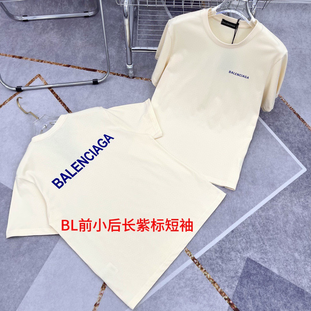 BL前小后长紫标短袖网评超赞！品质一流！完美工艺精端面料=完美好货！balenciaga巴黎世家简约背影杀前后克莱因蓝色字母标识温柔米白色情侣款纯棉短袖t恤bb家