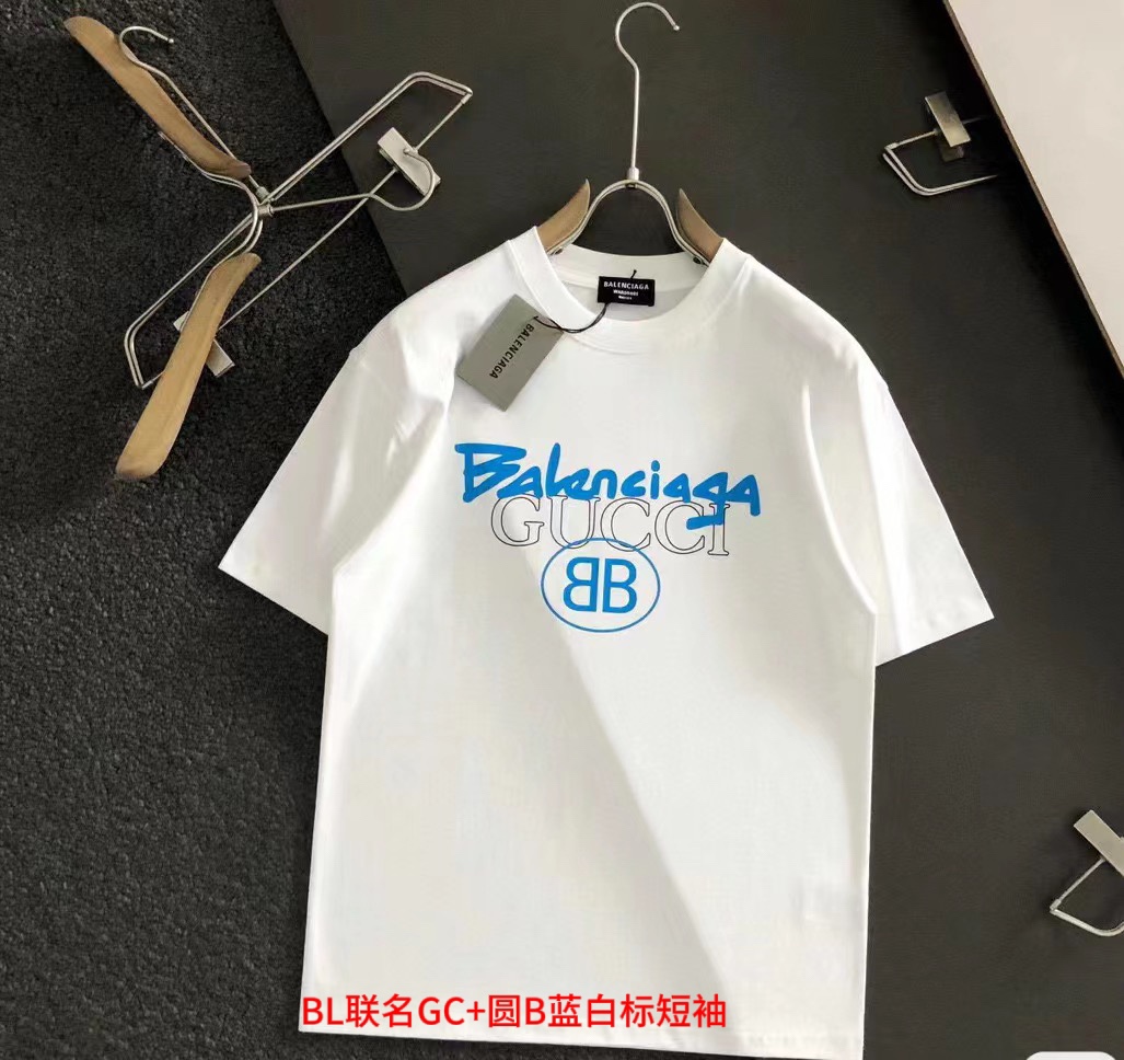 BL联名GC+圆B蓝白标短袖新款巴黎世家古驰联名体恤