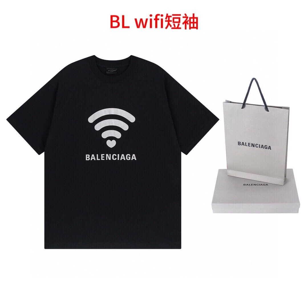 BL wifi短袖BALENCI*GA/巴黎.2024限定款.520限定WI-FI 走秀款印花短袖T恤.面料采用全棉克重200克，布面干净.布纹清晰，柔软舒适，。螺纹釆用定染无色差。印花采用环保进口材料.字母清晰，效果立体。版型釆用OS宽松落肩版型. 男女同款颜色:黑色.白尺码：M-4XL