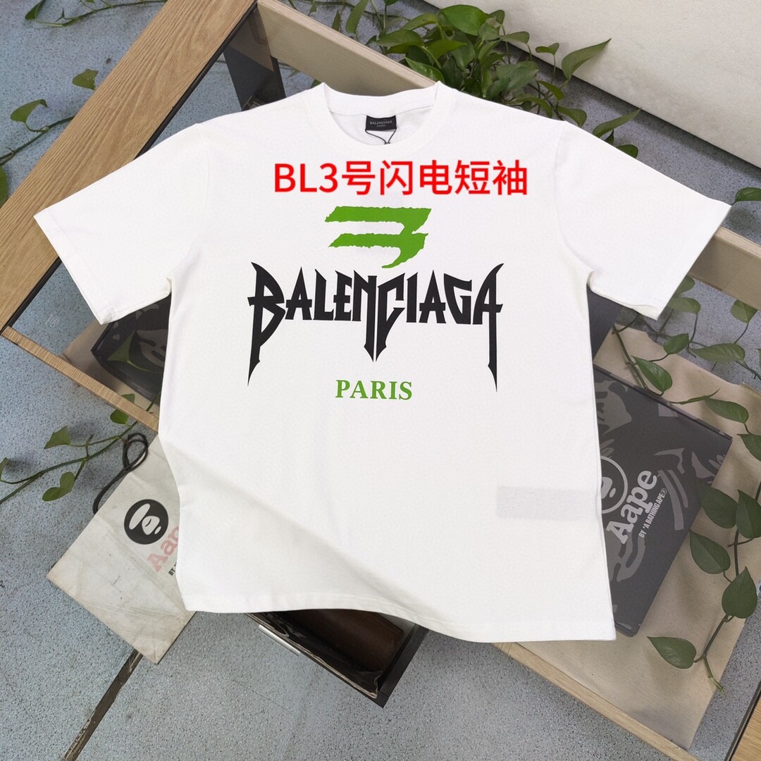 BL3号闪电短袖新疆棉200克 七天无理由退换 新增260克支持文化服 班服 活动图案定制2024新款Balenciaga巴黎世家大B图案闪电字母logo印花休闲情侣宽松短袖T恤