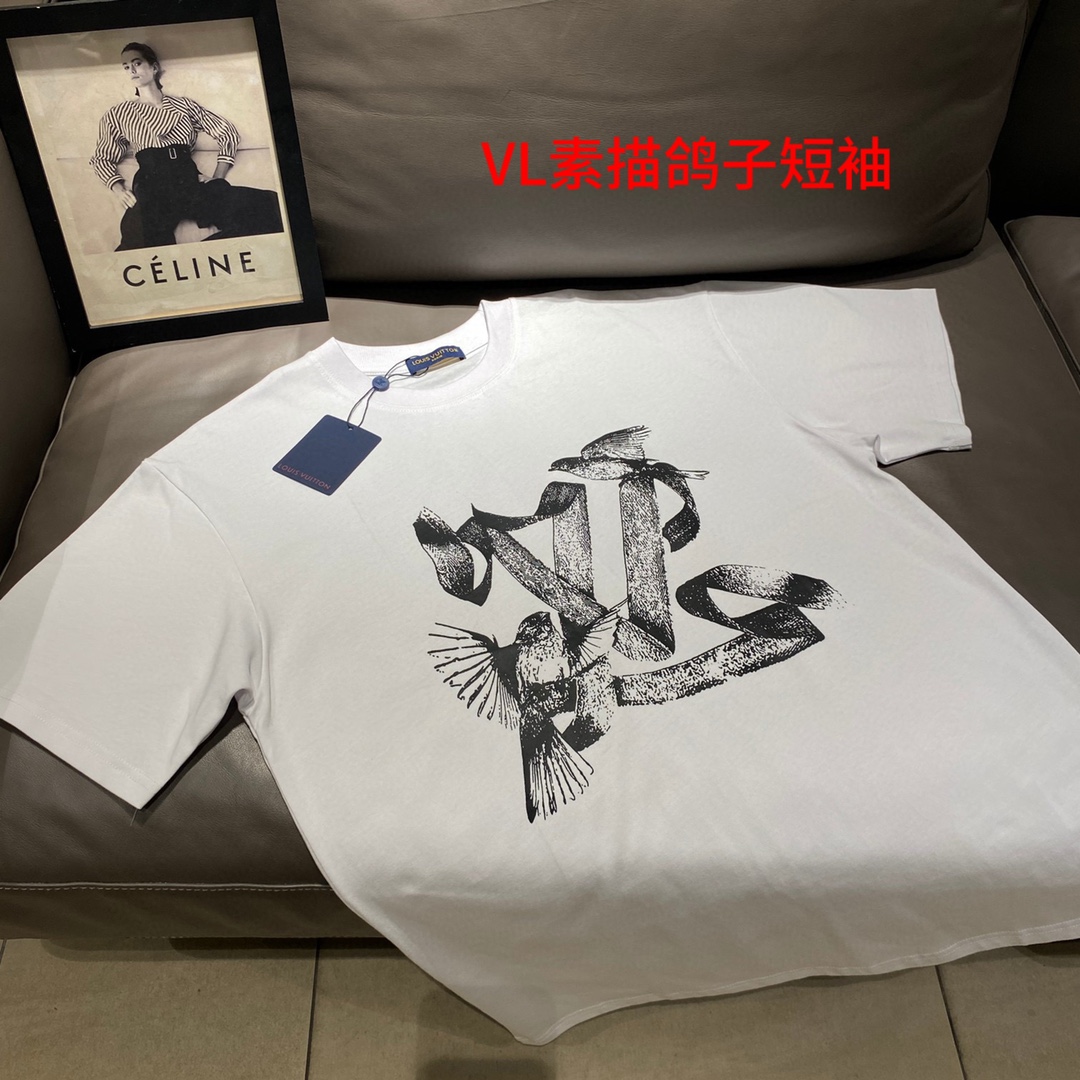 VL素描鸽子短袖Louis Vuitton路易威登24ss春夏和平鸽素描印花短袖T恤LV飞鸟鸽子印花圆领短T，精选200克纯棉双纱面料，高克重挺括面料，手感和质感非市面薄如
