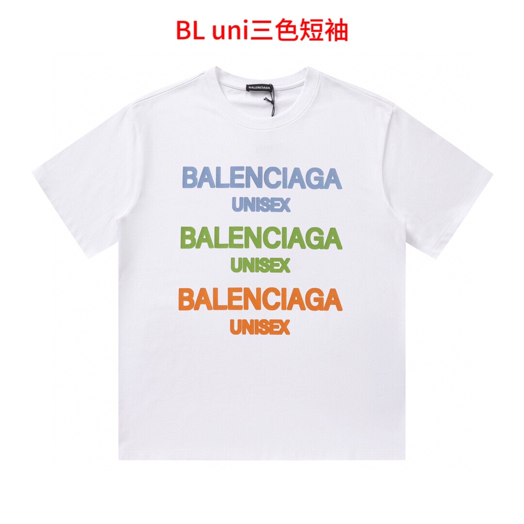 BL uni三色短袖Balenciaga/巴黎世家字母图案印花短袖T恤面料舒适透气，潮范大气 印花一比一复刻，面料采用200克纯棉精梳棉面料，搭配运动鞋清新舒适 逛街约会