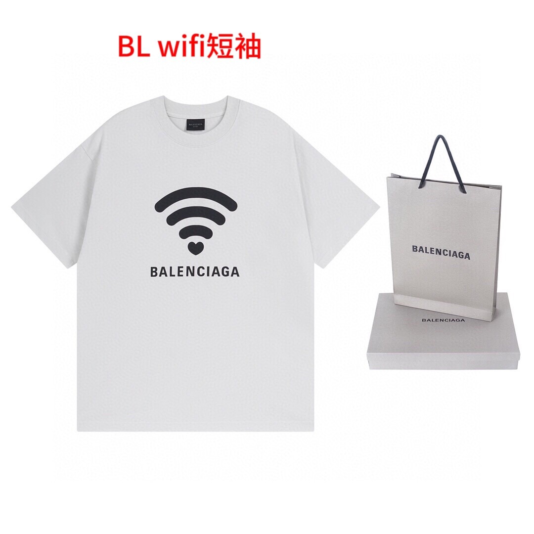 BL wifi短袖BALENCI*GA/巴黎.2024限定款.520限定WI-FI 走秀款印花短袖T恤.面料采用全棉克重200克，布面干净.布纹清晰，柔软舒适，。螺纹釆用定染无色差。印花采用环保进口材料.字母清晰，效果立体。版型釆用OS宽松落肩版型. 男女同款颜色:黑色.白尺码：M-4XL