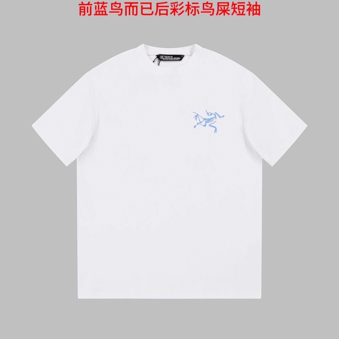 前蓝鸟而已后彩标鸟屎短袖                             始祖鸟Ayc Teryx  2023春夏新款前后Logo发泡T恤 定制200g双纱纯棉面料 男女同款 颜色：黑/白尺码：m-4xl
