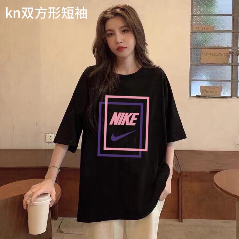 kn双方形短袖耐克NIKE海外版粉紫框渐变字母印花短袖纯棉T恤男女同款休闲宽松百搭潮流上衣颜色：黑色 白色 码数：M-4xl