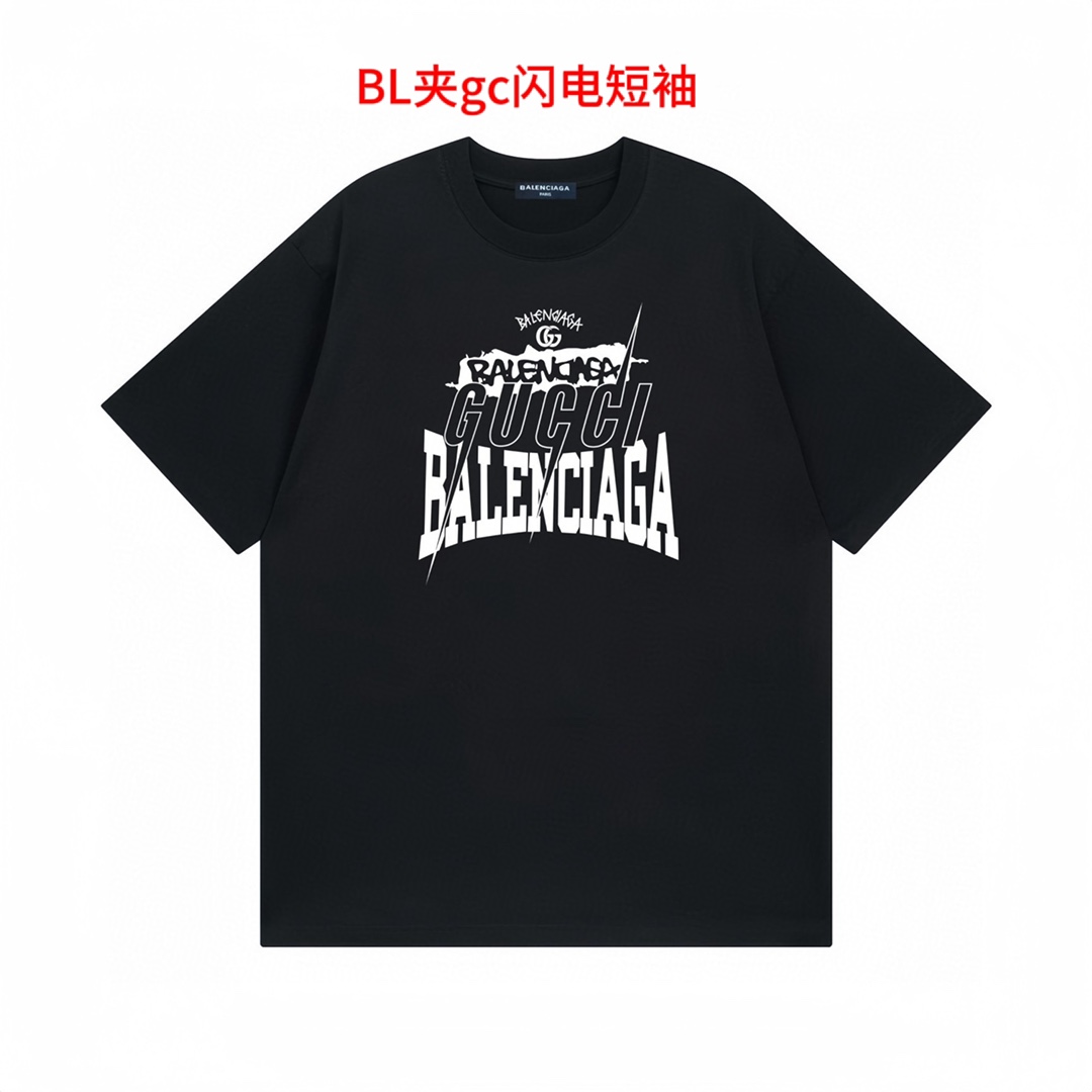 BL夹gc闪电短袖新疆棉200克 七天无理由退换 支持文化服 班服 活动图案定制巴黎世家BALENCIAGA 联名古驰个性字母印花短袖百搭T恤短袖情侣款面料：重磅纯棉