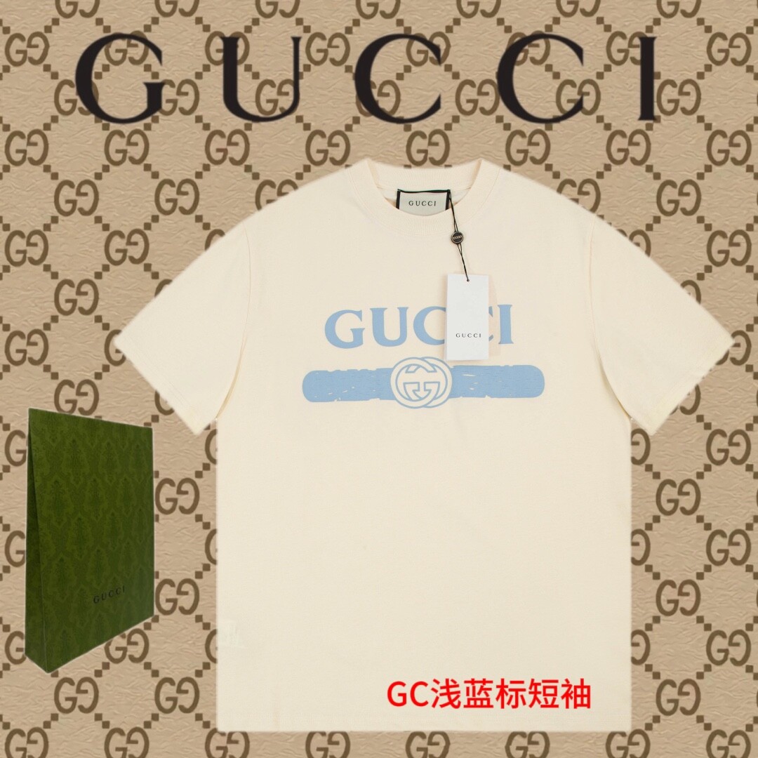 GC浅蓝标短袖百分百纯棉面料,性价比极高 市面横扫一切这个价格的短袖 区别市场通货版本 ！网红爆款小红书抖音同款,销量不断尺码：m-4xl【 GUCCI 】高版本 23FW春夏新款短袖T恤  200g纯棉面料（同缸同染）颜色：杏色. 黑色.     码数:   M-4xl