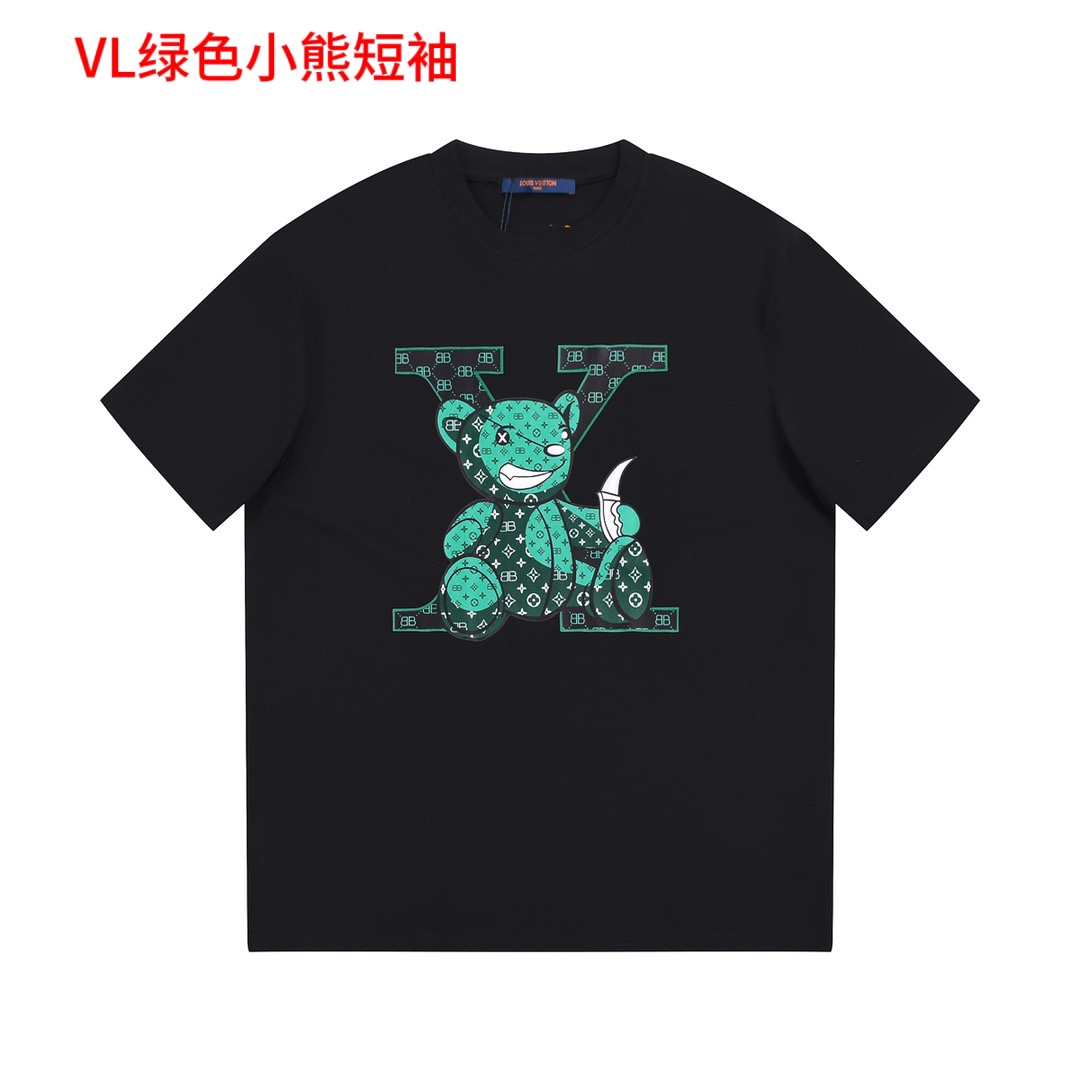 VL绿色小熊短袖『轻奢官网篇』极品好货推选200克精梳棉定制,上身舒适柔软细腻LOUIS VUITTONBalenciaga路易威登联名巴黎世家秀场限定23ss暴力老花熊LOGO标识印