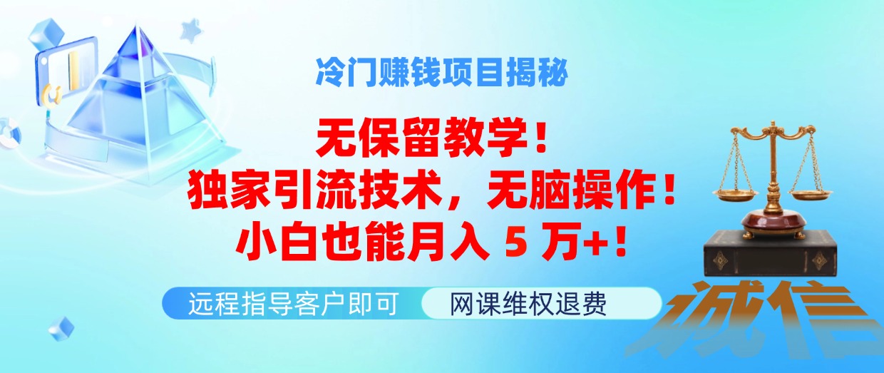 冷门赚钱项目无保留教学，独家引流技术，无脑操作，小白也能月入5万+